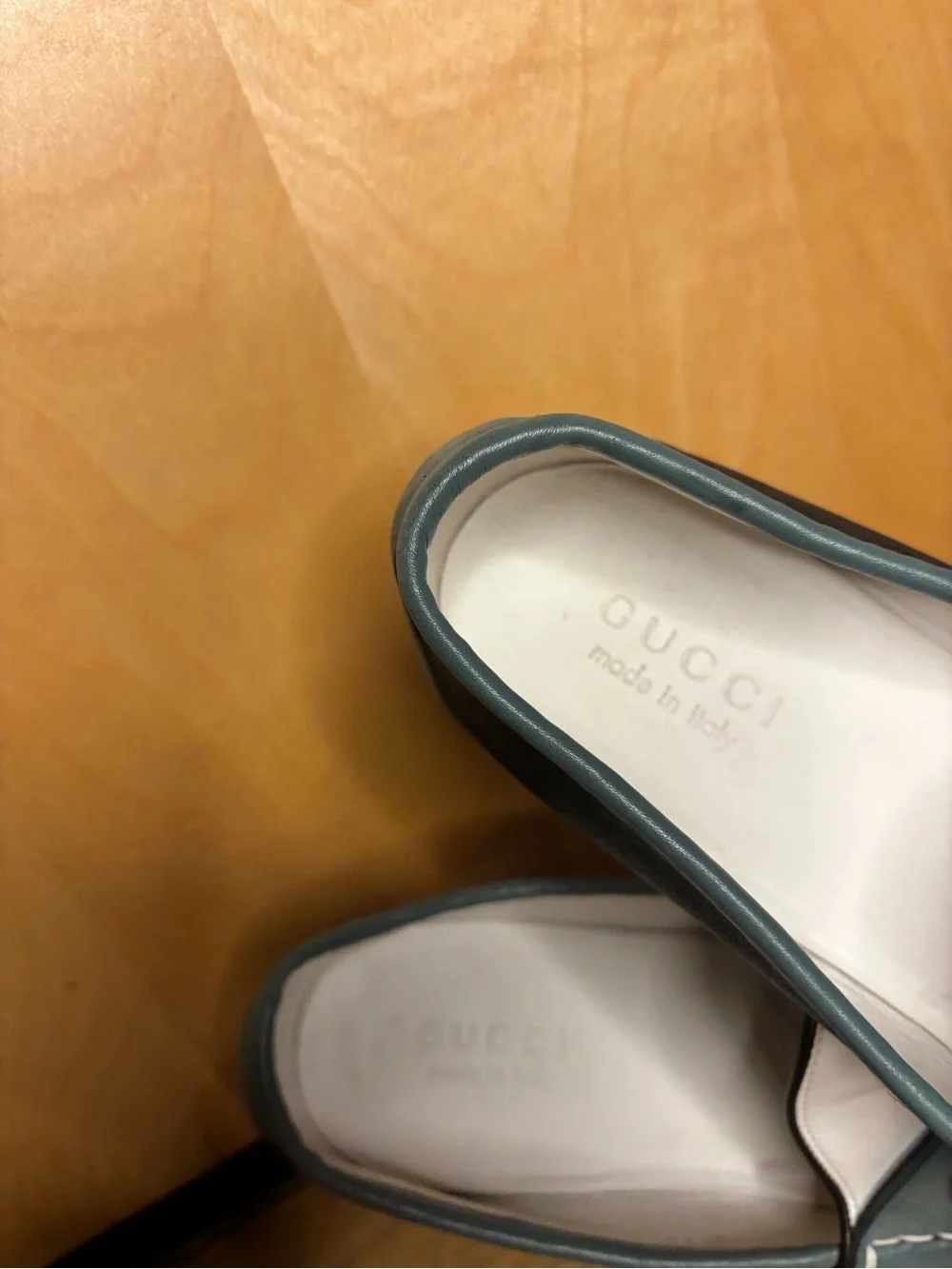 Gucci Men’s Size 11 White, Teal and Black Leather Horsebit Slip-On Loafers